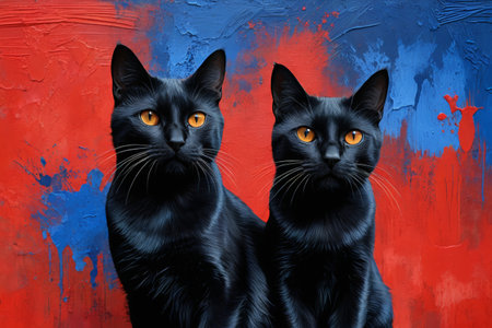 Two black cats in front of a red and blue backgroundの素材