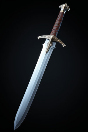 a close up of a knife with a wooden handle on a black backgroundの素材