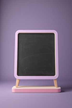 purple and white chalkboard with wooden stand on purple backgroundの素材