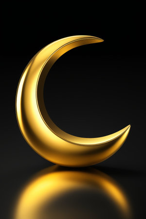a close up of a shiny gold crescent on a black surfaceの素材