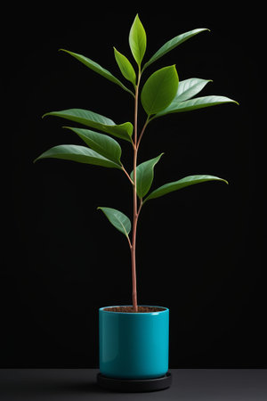 there is a small plant in a blue pot on a tableの素材