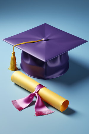purple graduation cap and diploma scroll with a pink tasselの素材