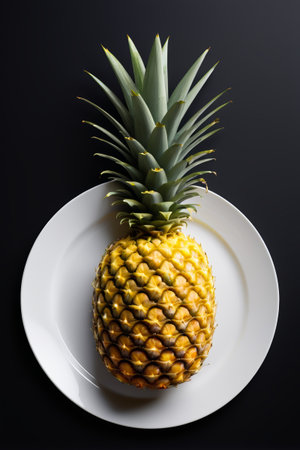 there is a pineapple on a plate with a black backgroundの素材