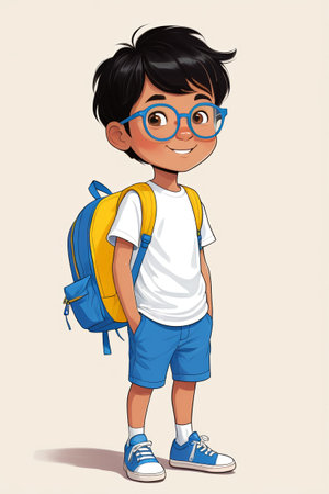 cartoon boy with glasses and a backpackの素材
