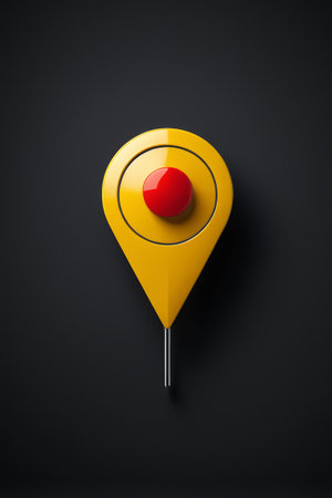 yellow pin with red button on black background with shadowの素材