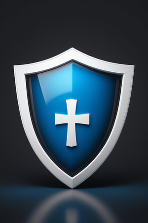 a close up of a blue shield with a cross on itの素材