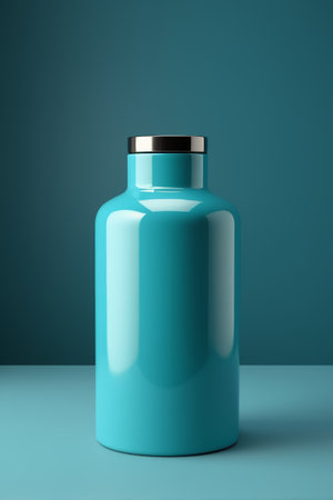 there is a blue jar with a metal lid on a tableの素材