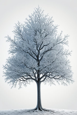 snowy tree with snow on branches and branches in the foregroundの素材