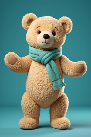arafed teddy bear wearing a scarf and standing on a blue surfaceの素材