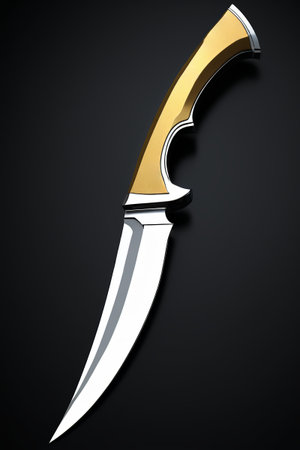 a close up of a knife with a gold handle on a black backgroundの素材
