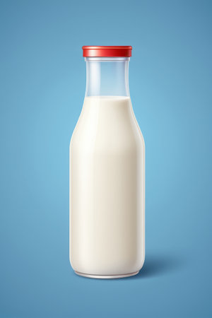 arafed glass bottle of milk on a blue backgroundの素材