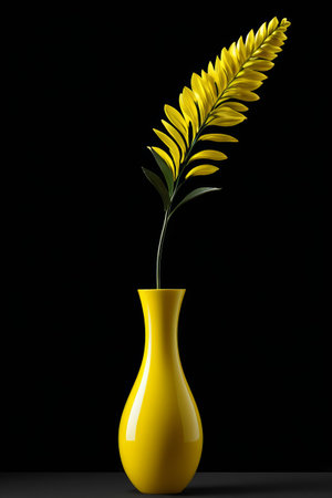 yellow vase with a plant in it on a black surfaceの素材