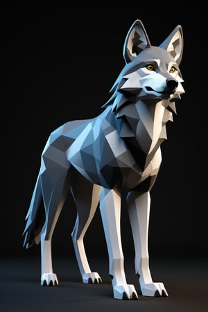 a close up of a low polygonal wolf standing on a black surfaceの素材