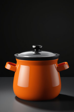 there is a large orange pot with a lid on a tableの素材