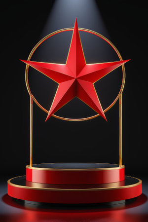 a close up of a red star on a pedestal with a spotlightの素材