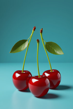 three cherries with leaves on them sitting on a blue surfaceの素材
