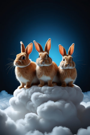 three rabbits sitting on a cloud with a blue backgroundの素材