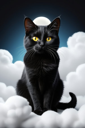 there is a black cat sitting on a cloud covered groundの素材