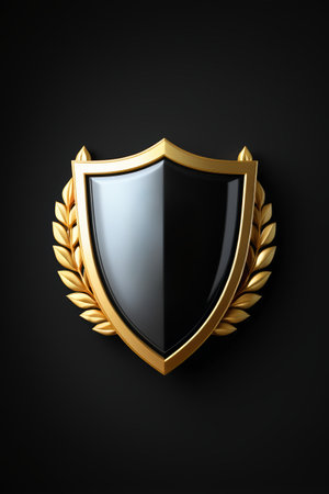 a close up of a black shield with gold laurels on a black backgroundの素材