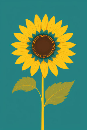 there is a yellow sunflower with a green stem and leavesの素材
