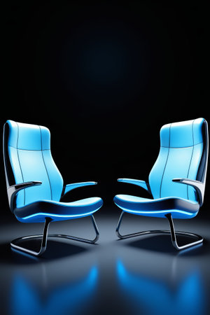 pair of blue leather chairs with black legs and a black backgroundの素材