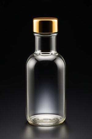 a close up of a glass bottle with a gold lidの素材