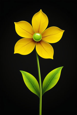 yellow flower with green leaves on a black backgroundの素材
