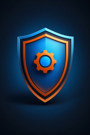 a close up of a blue and orange shield with gear on itの素材