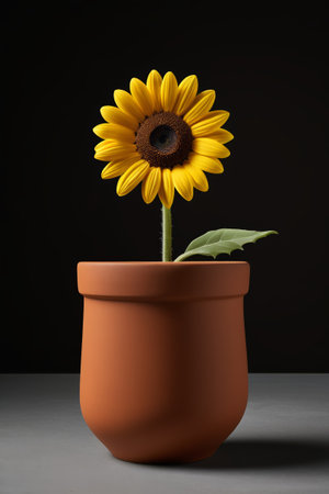there is a sunflower in a pot on a tableの素材