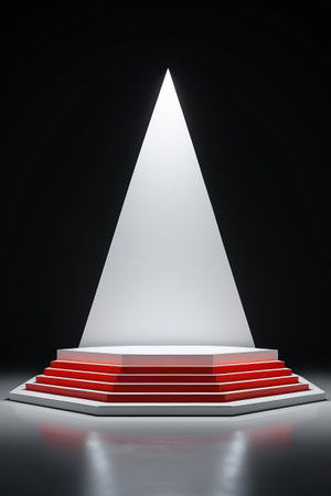 a close up of a stage with a red carpet and a light coming out of itの素材