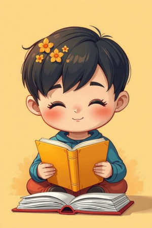 a cartoon boy reading a book while sitting on the floorの素材