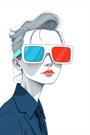 illustration of a woman wearing 3d glasses with a red and blue lensの素材