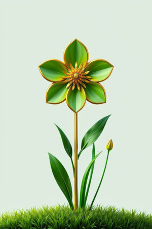 there is a green flower with yellow petals on a green grassの素材
