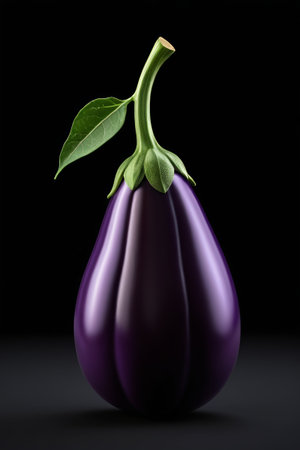 purple eggplant with green leaf on black background with shadowの素材