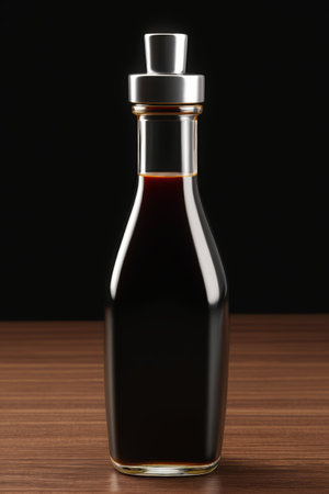 there is a bottle of syrup sitting on a tableの素材