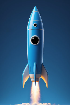 arafed blue rocket ship flying through the air with smoke coming out of itの素材