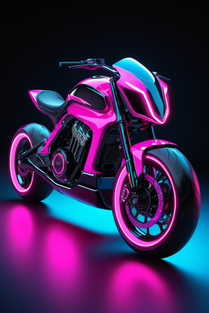 a brightly lit motorcycle with a pink wheel and black seatの素材