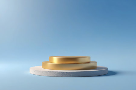 Gold double-layer display table with blue backgroundの素材