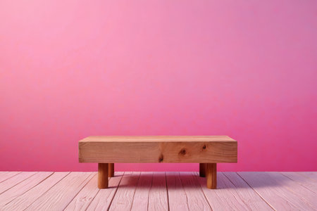 Wooden stool in front of pink backgroundの素材