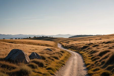 Natural scenery of winding paths among the fieldsの素材