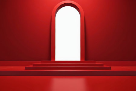 Arched door and steps in front of red backgroundの素材