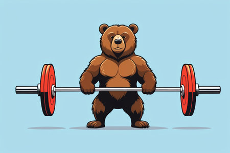 Cartoon brown bear holding a barbell illustrationの素材