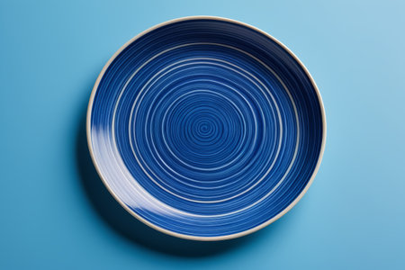 Round striped dinner plate on blue backgroundの素材