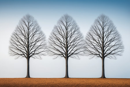 Outdoor scene of three leafless treesの素材