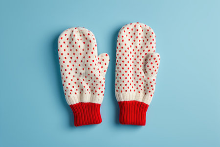 Red and white polka dot warm gloves on blue backgroundの素材