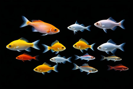 Goldfish of various colors swimming on a black backgroundの素材
