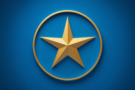 Gold five-pointed star logo on blue backgroundの素材