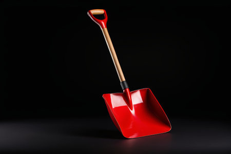 Close-up of red metal shovel with wooden handleの素材