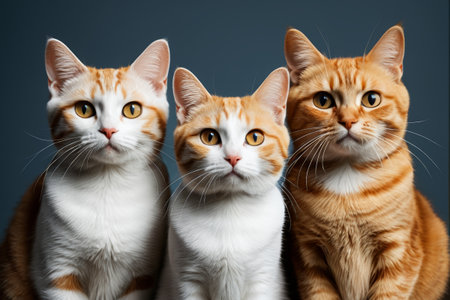 Close-up of three orange and white catsの素材