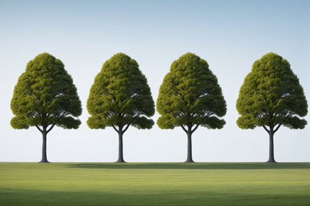 Four green trees arranged in the grassの素材